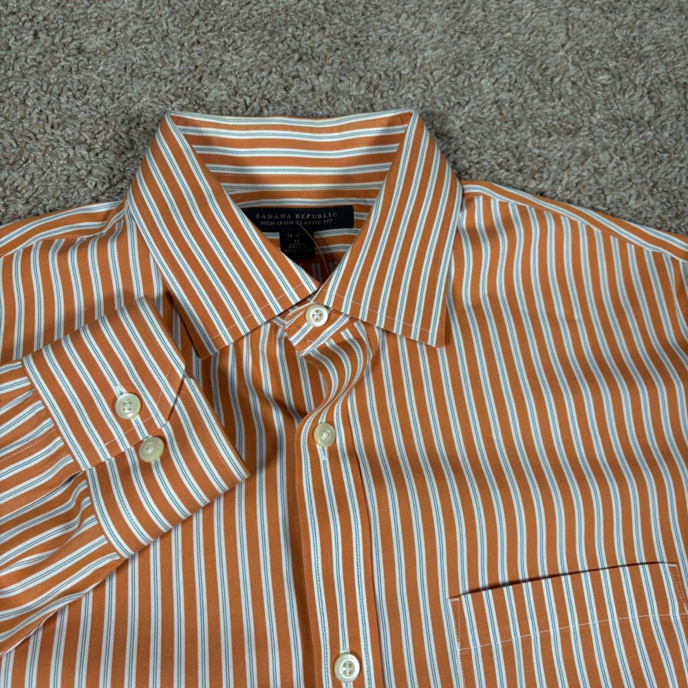 Banana Republic Mens Orange White Striped Non-Iron Classic Fit Shirt Medium